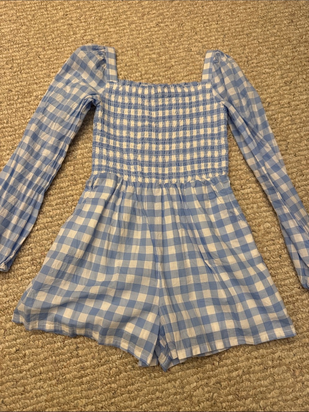Janie and Jack Light Blue and White Gingham Smocked One-Piece shorts